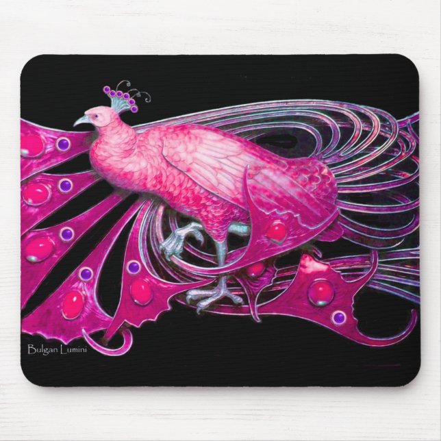 ELEGANT PEACOCK JEWEL IN PINK FUCHSIA BLACK MOUSE PAD (Front)