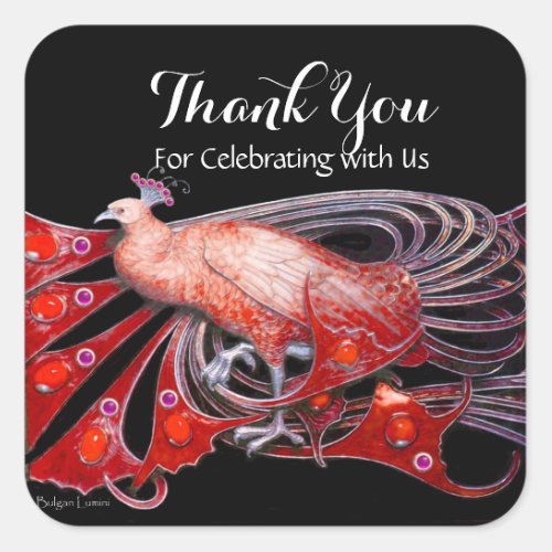 ELEGANT PEACOCK JEWEL IN RED BLACK Thank You Square Sticker