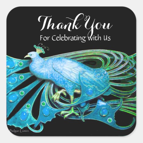 ELEGANT PEACOCK JEWEL IN TEAL BLUEBLACK Thank You Square Sticker