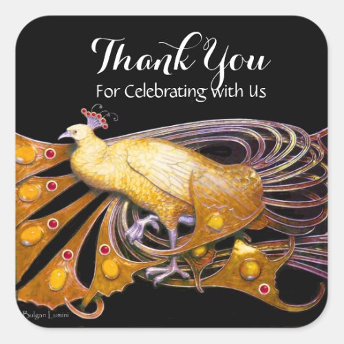 ELEGANT PEACOCK JEWEL IN YELLOWBLACK Thank You Square Sticker