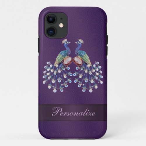 Elegant Peacock Jewels Print Purple Personalized iPhone 11 Case