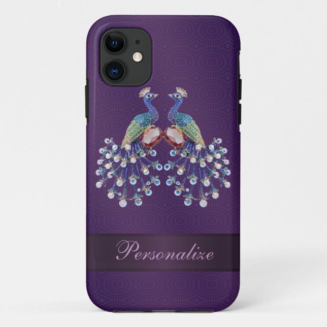 Elegant Peacock Jewels Print Purple Personalized Case-Mate iPhone Case (Back)