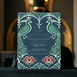 Elegant Peacock & Lotus Classy Art Deco Graduation Invitation
