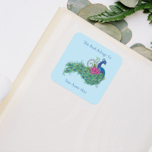 Elegant Peacock Lotus Flower Ornate Blue Bookplate