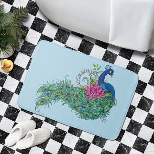 Elegant Peacock Lotus Flower Ornate Blue Henna Bath Mat