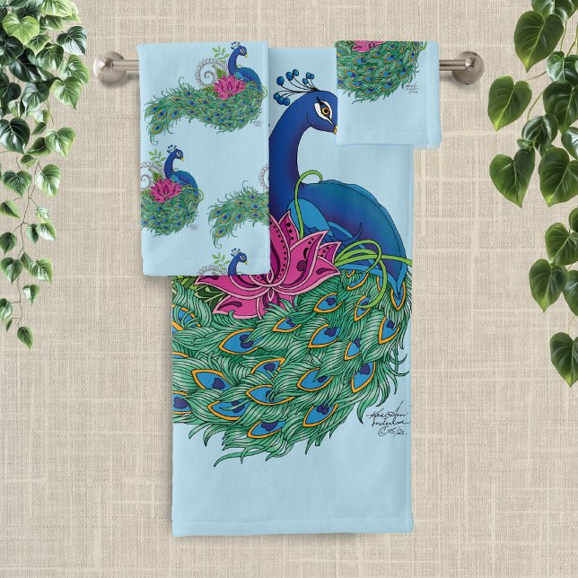 Elegant Peacock Lotus Flower Ornate Blue Henna Bath Towel Set (Creator Uploaded)
