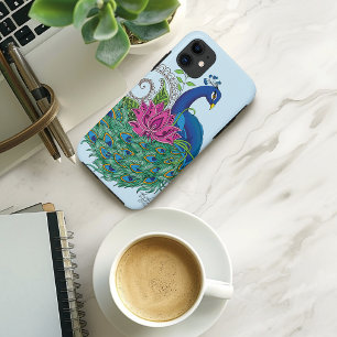 Elegant Peacock Lotus Flower Ornate Blue Henna iPhone 11 Case