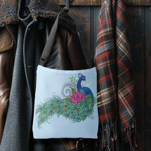 Elegant Peacock Lotus Flower Ornate Blue Henna Crossbody Bag