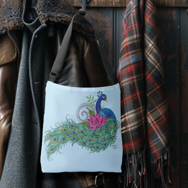 Elegant Peacock Lotus Flower Ornate Blue Henna Crossbody Bag (Creator Uploaded)