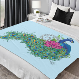 Elegant Peacock Lotus Flower Ornate Blue Henna Fleece Blanket