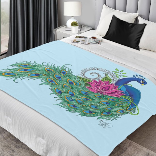 Elegant Peacock Lotus Flower Ornate Blue Henna Fleece Blanket (Creator Uploaded)