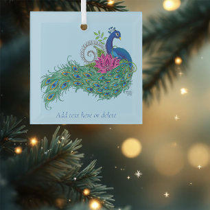 Elegant Peacock Lotus Flower Ornate Blue Henna Glass Ornament