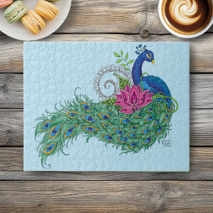 Elegant Peacock Lotus Flower Ornate Blue Henna Jigsaw Puzzle