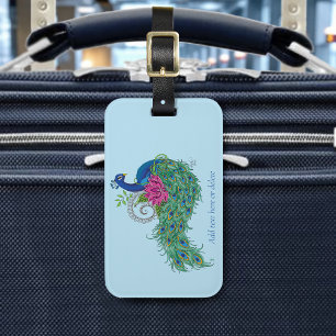 Elegant Peacock Lotus Flower Ornate Blue Henna Luggage Tag