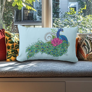 Elegant Peacock Lotus Flower Ornate Blue Henna Lumbar Pillow