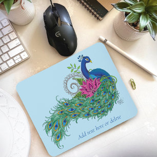 Elegant Peacock Lotus Flower Ornate Blue Henna Mouse Pad