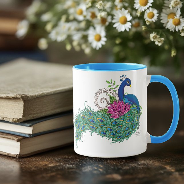 Elegant Peacock Lotus Flower Ornate Blue Henna Mug (Creator Uploaded)