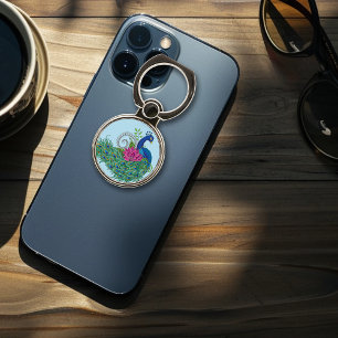 Elegant Peacock Lotus Flower Ornate Blue Henna Phone Ring Stand