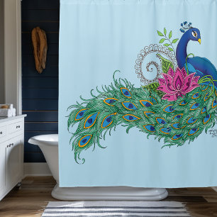 Elegant Peacock Lotus Flower Ornate Blue Henna Shower Curtain