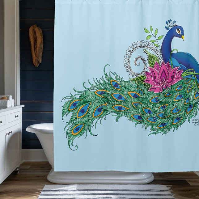 Elegant Peacock Lotus Flower Ornate Blue Henna Shower Curtain (Creator Uploaded)