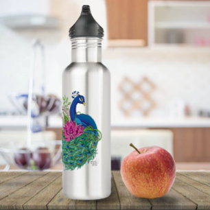 Elegant Peacock Lotus Flower Ornate Blue Henna Stainless Steel Water Bottle