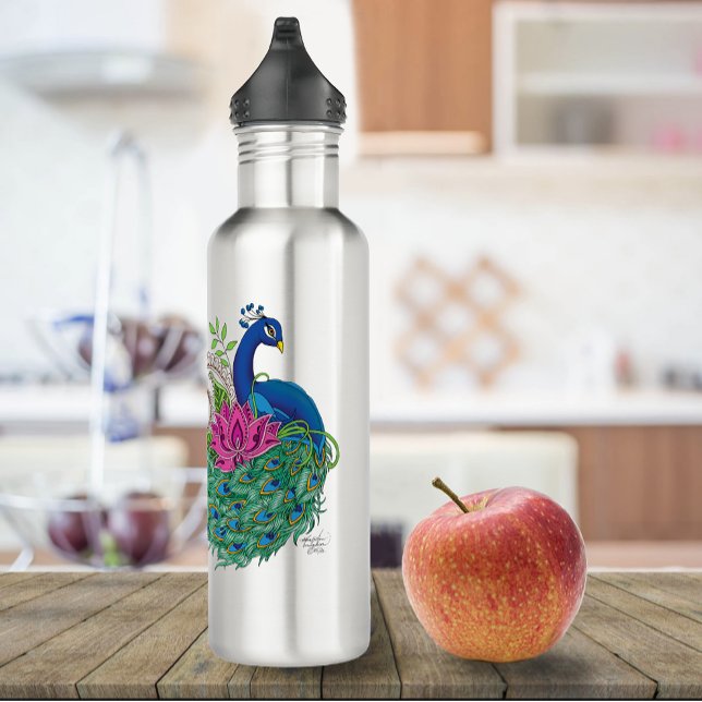 Elegant Peacock Lotus Flower Ornate Blue Henna Stainless Steel Water Bottle (Creator Uploaded)