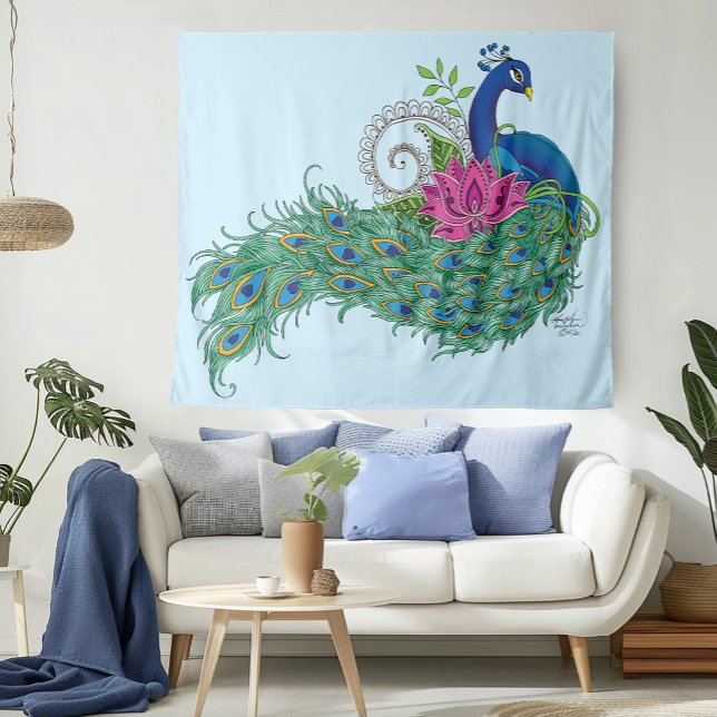 Elegant Peacock Lotus Flower Ornate Blue Henna Tapestry (Creator Uploaded)