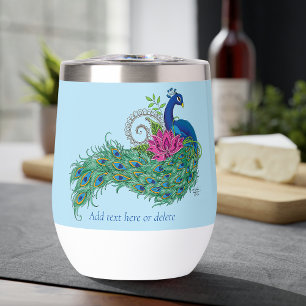 Elegant Peacock Lotus Flower Ornate Blue Henna Thermal Wine Tumbler