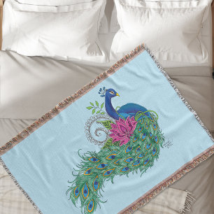 Elegant Peacock Lotus Flower Ornate Blue Henna Throw Blanket