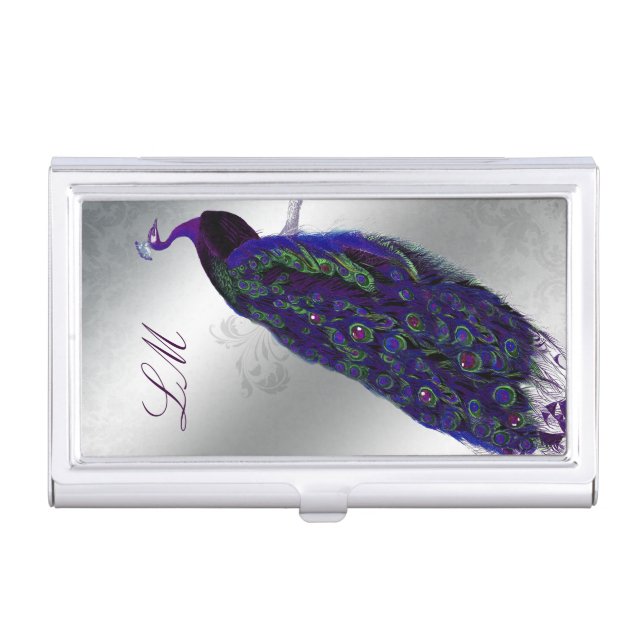 Elegant Peacock Monogram Cute Modern Case For Business Cards (Front)