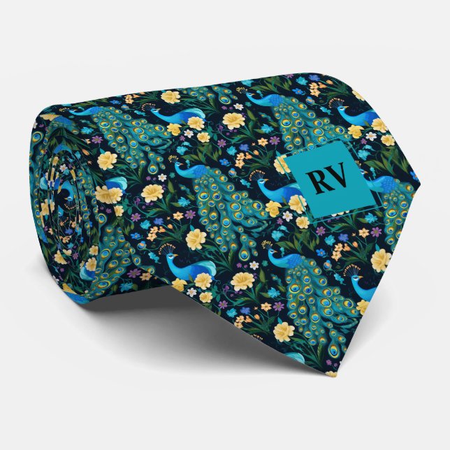 Elegant Peacock Monogram Wedding Neck Tie (Rolled)