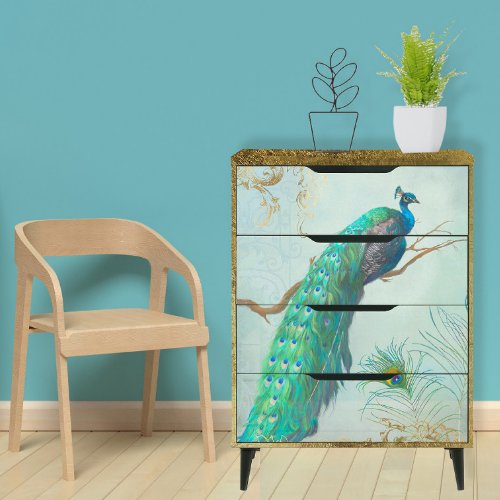 Elegant Peacock n Feathers Blue Gold Decoupage Tissue Paper