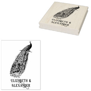 Elegant Peacock on a Branch Couple Name Rubber Stamp