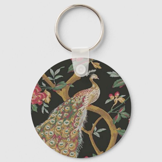 Elegant Peacock On Black Key Chain (Front)