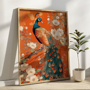 Elegant Peacock on Orange Floral Art Nouveau Poster
