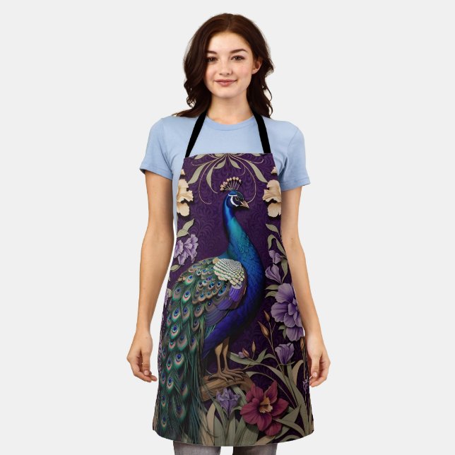 Elegant Peacock On Purple William Morris Inspired Apron (Worn)