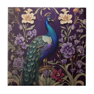 Elegant Peacock On Purple William Morris Inspired Ceramic Tile