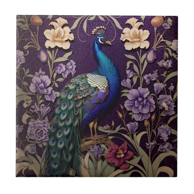 Elegant Peacock On Purple William Morris Inspired Ceramic Tile (Front)