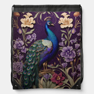Elegant Peacock On Purple William Morris Inspired Drawstring Bag