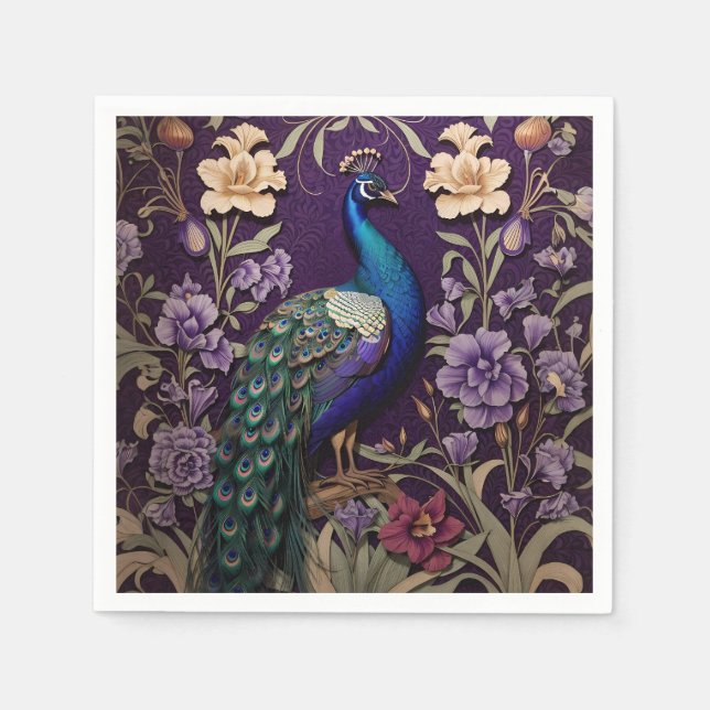 Elegant Peacock On Purple William Morris Inspired Napkins (Front)