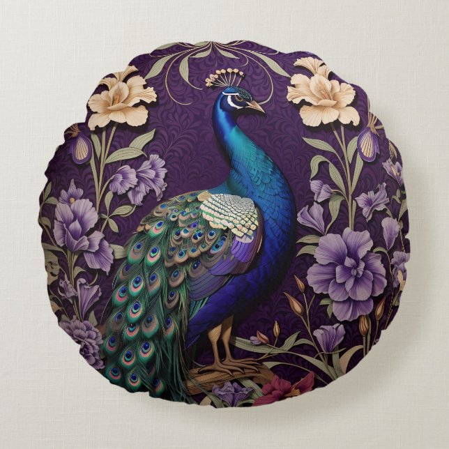 Elegant Peacock On Purple William Morris Inspired Round Pillow (Front)