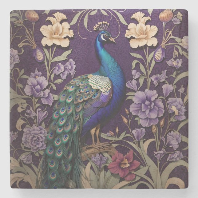 Elegant Peacock On Purple William Morris Inspired Stone Coaster (Front)