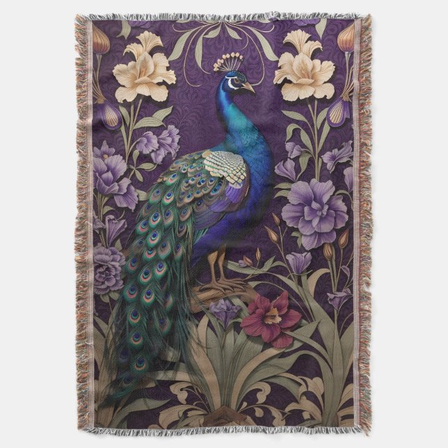 Elegant Peacock On Purple William Morris Inspired Throw Blanket (Front Vertical)