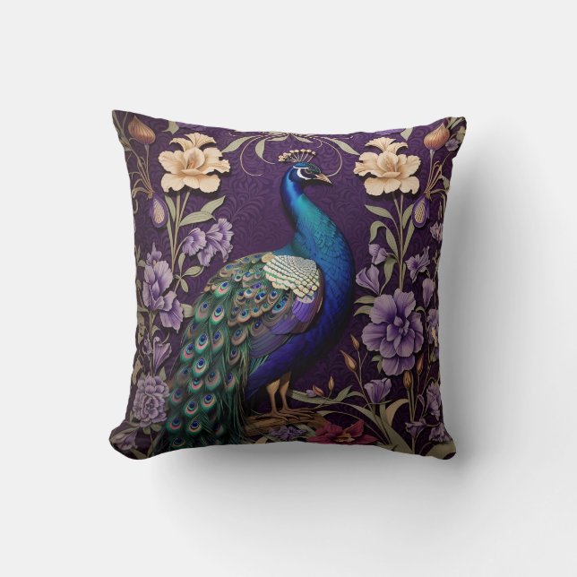 Elegant Peacock On Purple William Morris Inspired Throw Pillow (Front)