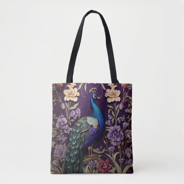 Elegant Peacock On Purple William Morris Inspired Tote Bag (Front)