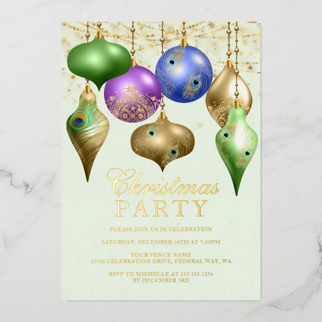 Elegant Peacock Ornament Christmas Party Foil Invitation (Front)
