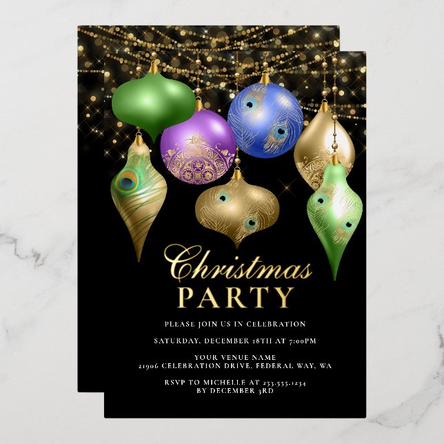 Elegant Peacock Ornament Christmas Party Foil Invitation (Front/Back)