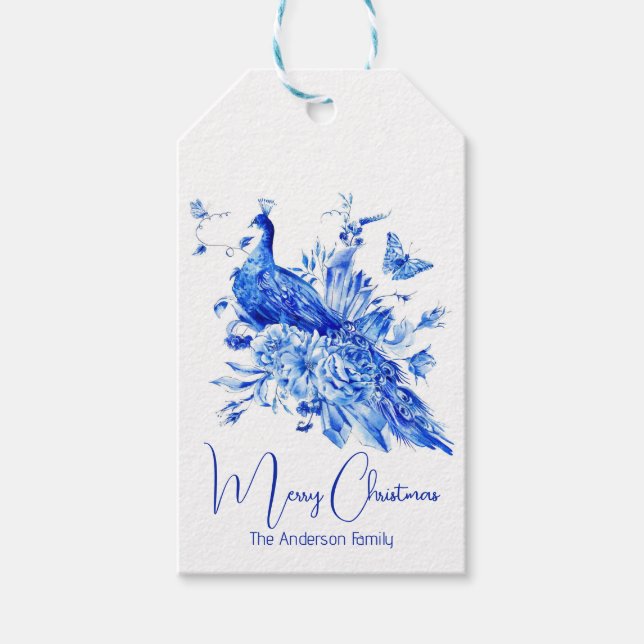 Elegant Peacock Personalized Christmas Gift Tag (Front)