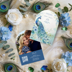 Elegant Peacock Photo Arch Wedding QR TLW26 Invitation