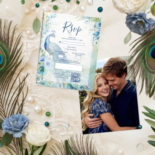 Elegant Peacock Photo Arch Wedding QR TLW26 RSVP Card